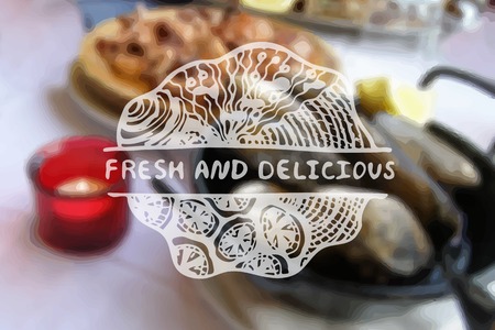 Detailed hand drawn zentangle element on blurred backgroound. Consept for seafood markets and restaurants. Suitable for ad, signboard, menu and corporate identity designのイラスト素材