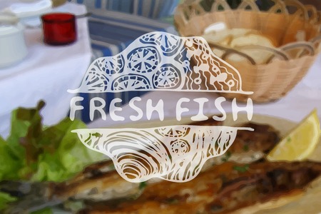 Detailed hand drawn zentangle element on blurred backgroound. Consept for seafood markets and restaurants. Suitable for ad, signboard, menu and corporate identity designのイラスト素材