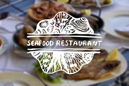 Detailed hand drawn zentangle element on blurred backgroound. Consept for seafood markets and restaurants. Suitable for ad, signboard, menu and corporate identity designのイラスト素材