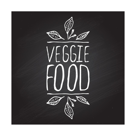 Veggie food hand-sketched typographic element on chalkboard background. Restaurant label. Suitable for ads, signboards, menu and web banner designsのイラスト素材