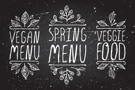 Hand-sketched typographic elements on chalkboard background. Vegan menu. Spring menu. Veggie food. Restaurant labels. Suitable for ads, signboards, menu and web banner designsのイラスト素材