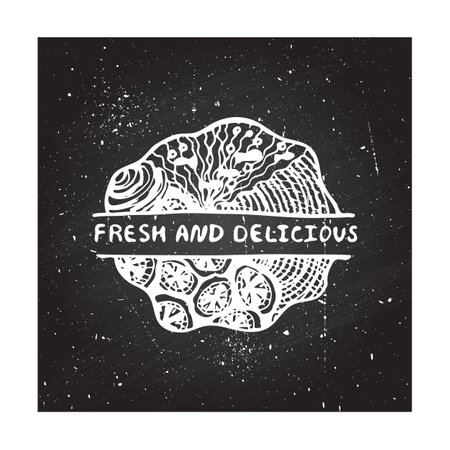 Concept for seafood markets and restaurants. Detailed handdrawn zentangle element on chalkboard background.  Suitable for ads, signboards, gift cards, price lists, menus, and brand identity designのイラスト素材