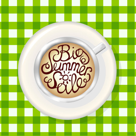 Cup of Coffee Top View. Mockup Template with Lettering Element. Big summer saleのイラスト素材