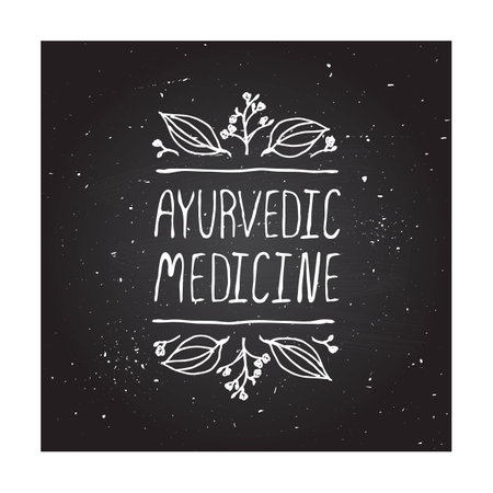 Hand-sketched typographic element. Ayurveda product label. Suitable for ads, signboards, packaging and identity and web designs. Ayurvedic medicineのイラスト素材