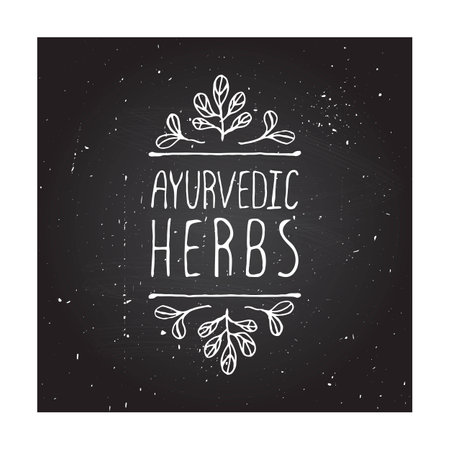 Hand-sketched typographic element. Ayurveda product label.  Suitable for ads, signboards, packaging and identity and web designs.  Ayurvedic herbsのイラスト素材