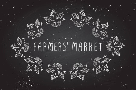 Farmers market. Hand-sketched frame on chalkboard background.のイラスト素材