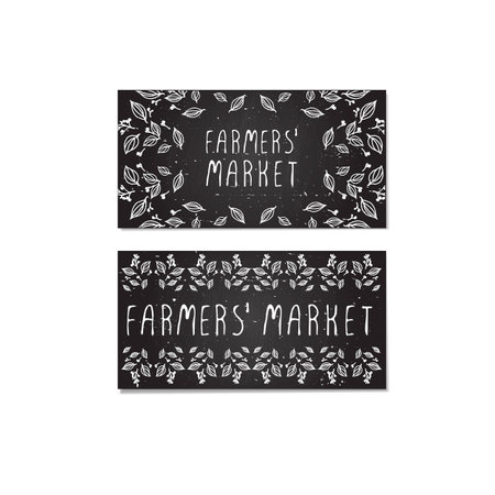 Farmers Market Cards.  Hand-sketched cards with herbal elements on chalkboard backgroundのイラスト素材