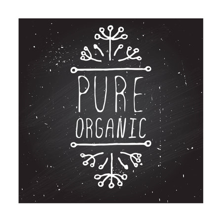 Hand-sketched typographic element. Pure organic - product label on chalkboard. Suitable for ads, signboards, packaging and identity and web designs.のイラスト素材