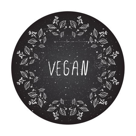 Vegan - banner. Hand-sketched herbal elements on chalkboard background.のイラスト素材