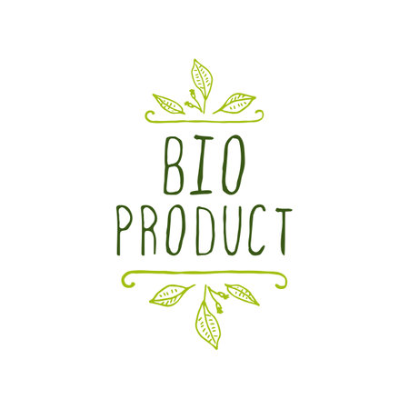 Hand-sketched typographic element. Bio product - label on white background. Suitable for ads, signboards, packaging and identity and web designs.のイラスト素材
