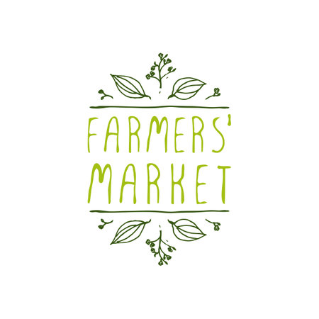 Hand-sketched typographic element. Farmers Market - product label on white background. Suitable for ads, signboards, packaging and identity and web designs.のイラスト素材