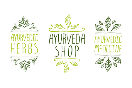 Hand-sketched typographic elements. Ayurveda product labels. Suitable for ads, signboards, packaging and identity and web designs. Ayurvedic medicine, Ayurveda shop, Ayurvedic herbsのイラスト素材