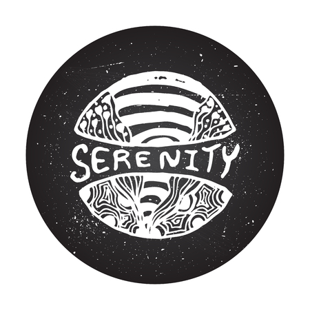 Serenity sign on chalkboard background. Detailed hand drawn zentangle logo for ethnic shop, yoga studio, travel agency and other heartful businesses.のイラスト素材