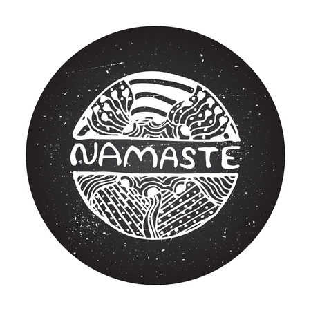 Namaste sign on chalkboard background. Detailed hand drawn zentangle logo for ethnic shop, yoga studio, travel agency and other heartful businesses.のイラスト素材