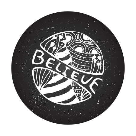 Believe sign on chalkboard background. Detailed hand drawn zentangle logo for ethnic shop, yoga studio, travel agency and other heartful businesses.のイラスト素材