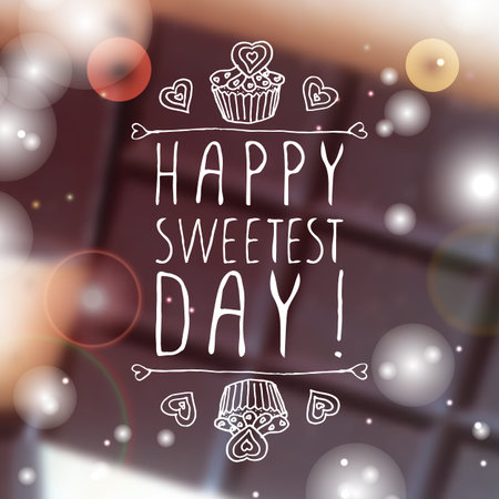 Hand-sketched typographic element  with doodle heart shaped cookies and cupcakes on blurred background. Happy Sweetest day designのイラスト素材