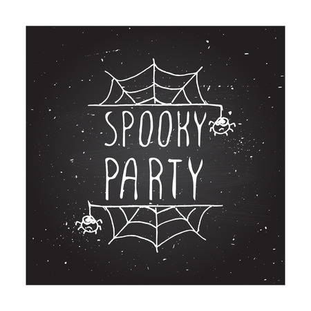 Spooky party. Hand-sketched typographic element with web and spiders on chalkboard background.のイラスト素材