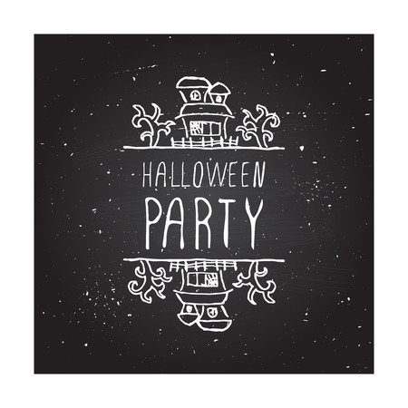 Halloween party. Hand-sketched typographic element with haunted house on chalkboard background.のイラスト素材