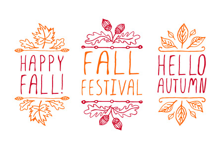 Autumn elements. Hand-sketched typographic elements on white background. Happy fall. Fall festival. Hello autumnのイラスト素材