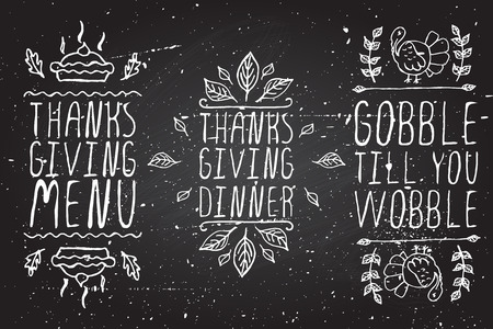 Thanksgiving elements. Hand-sketched typographic elements on chalkboard background. Thanksgiving menu. Thanksgiving dinner. Gobble till you wobble.のイラスト素材