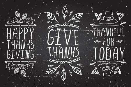Thanksgiving elements. Hand-sketched typographic elements on white background. Happy thanksgiving. Give thanks. Thankful for today.のイラスト素材