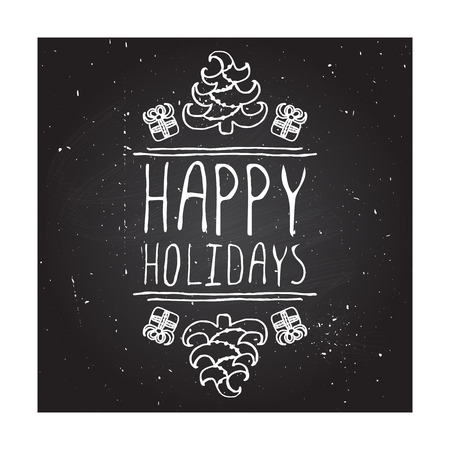 Happy holidays  - christmas typographic element. Hand sketched graphic vector element with text, bells and snowflakes on chalkboard background.のイラスト素材