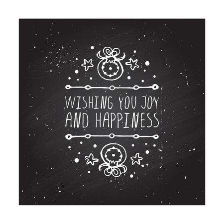Wishing you joy and happiness  - christmas typographic element. sketched graphic element with text and fir-tree decorations on chalkboard background.のイラスト素材