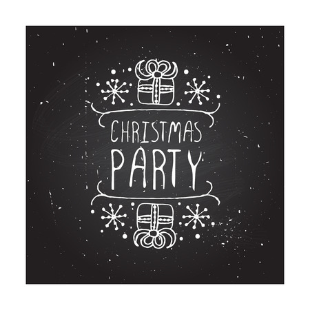 Christmas party - christmas typographic element.  sketched graphic element with text, gifts and snowflakes on chalkboard background.のイラスト素材