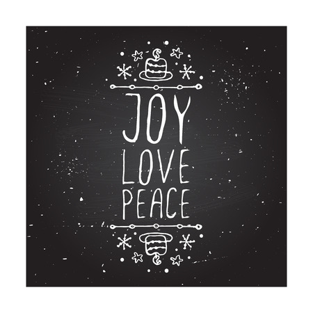 Joy love peace - christmas typographic element. sketched graphic element with text, candles and snowflakes on chalkboard background.のイラスト素材