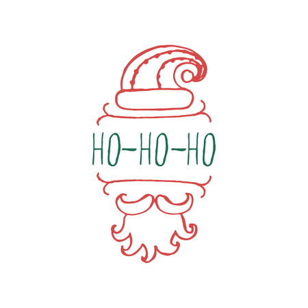 Christmas label with text on white background. Ho-ho-ho. Typographic element with hat, mustache and beard of Santa Claus. christmas badge.のイラスト素材