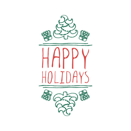 Christmas label with text on white background. Happy holidays. Typographic element with fir-trees and gift boxes. christmas badge.のイラスト素材