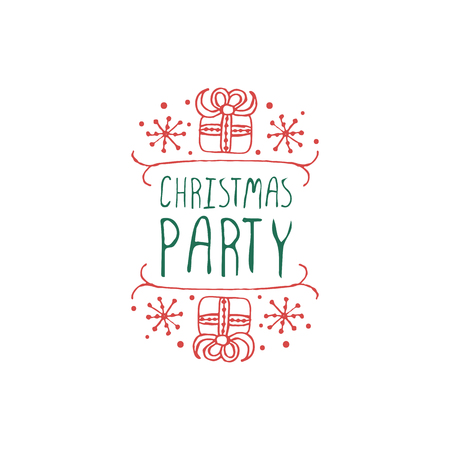 Christmas label with text on white background. Christmas party. Typographic element with gifts and snowflakes. illustration for seasonal christmas design. christmas badge.のイラスト素材