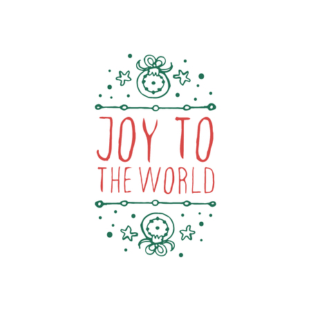 Christmas label with text on white background. Joy to the world. Typographic element with fir-tree decorations. illustration for seasonal christmas design. christmas badge.のイラスト素材