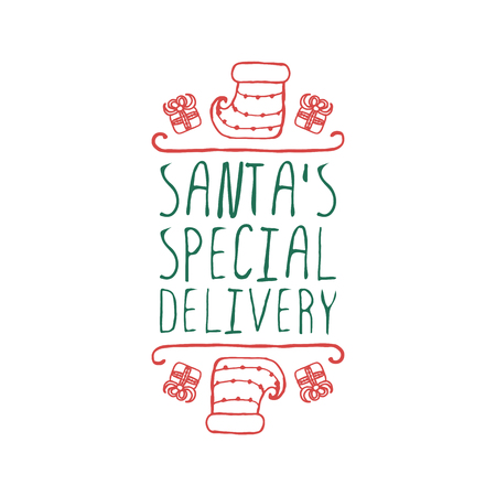 Christmas label with text on white background. Santas special delivery. Typographic element with gifts and sock. illustration for seasonal christmas design. christmas badge.のイラスト素材