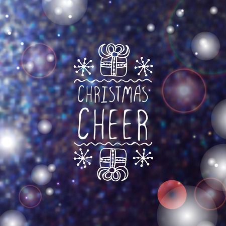 Christmas handdrawn greeting card with text on blurred background. Christmas cheer. Typographic banner with text, gifts and snowflakes.のイラスト素材