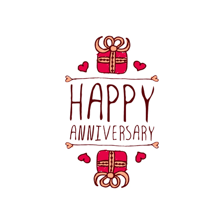 Saint Valentine's day greeting card.  Happy Anniversary. Typographic banner with text and gift boxes on white background. Vector handdrawn badge.のイラスト素材