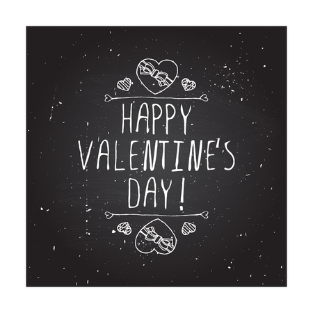 Saint Valentines day greeting card.  Happy Valentines day. Typographic banner with text and doodle heart shaped chocolate candies on chalkboard background.のイラスト素材