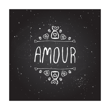 Saint Valentines day greeting card.  Amour. Typographic banner with doodle heart shaped chocolate candies on chalkboard background.のイラスト素材