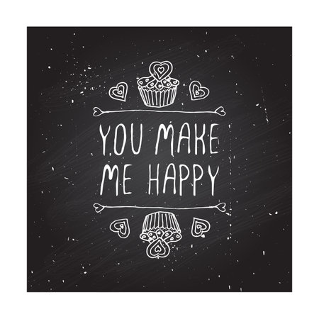Saint Valentines day greeting card.  You make me happy. Typographic banner with doodle heart shaped cookies and cupcakes on chalkboard background. のイラスト素材