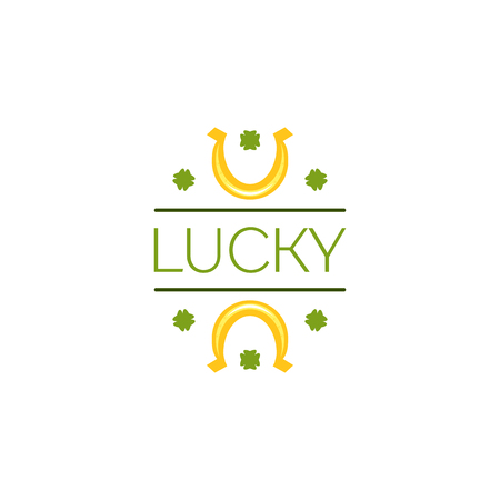 Saint Patricks Day Flat Style Typographical Element with Horse Shoe and Shamrocks. Luckyのイラスト素材