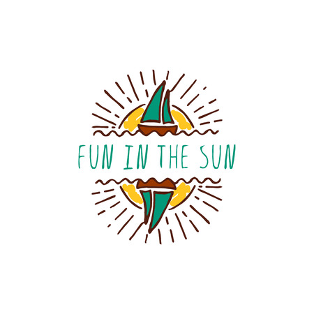 Hand-sketched summer element with sailing ship and sun on white background. Text - Fun in the sunのイラスト素材