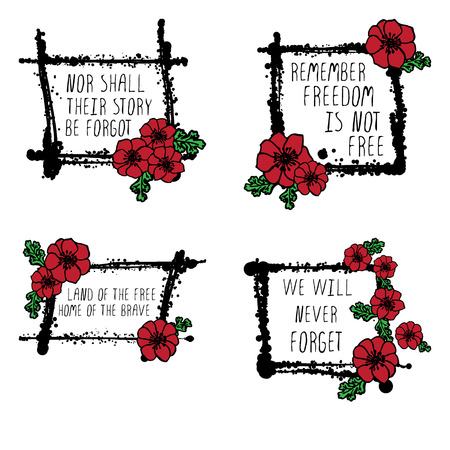Memorial day cards with red poppies, text and black stainsのイラスト素材