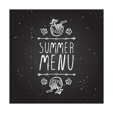 Hand-sketched summer element with coconut cocktail and flowers on blackboard background. Text - Summer menuのイラスト素材