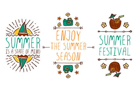 Set of colorful summer hand-sketched elements with sun, sail boats, coconut cocktails, shells on white backgroundのイラスト素材