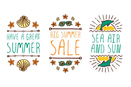 Set of colorful summer hand-sketched elements with dolphins, sunglasses, shells on white backgroundのイラスト素材