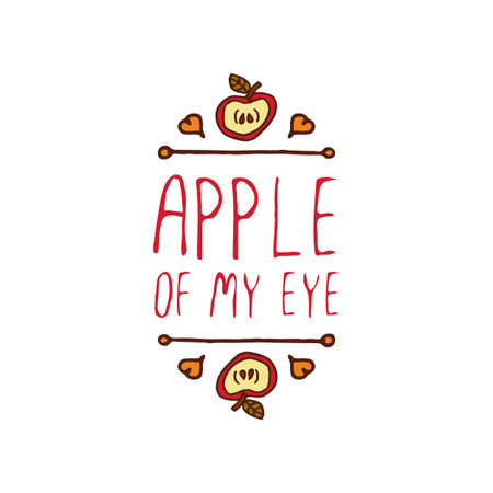 Hand-sketched typographic element with apple, hearts and text on white background. Apple of my eyeのイラスト素材