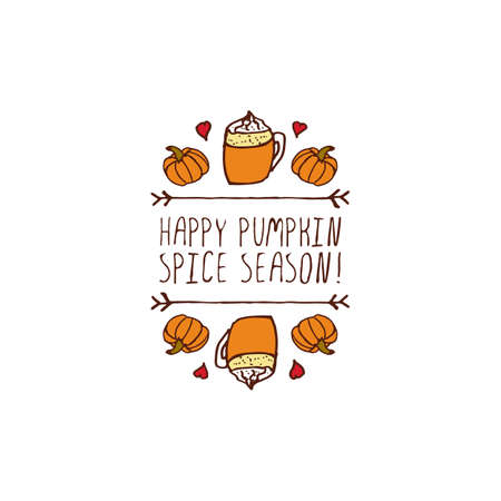 Hand-sketched typographic element with pumpkins, hearts, pumpkin spice latte and text on white background. Happy pumpkin spice seasonのイラスト素材