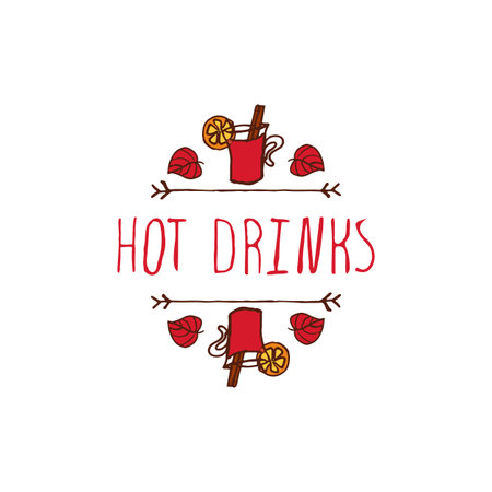 Hand-sketched typographic element with mulled wine, leaves and text on white background. Hot drinksのイラスト素材