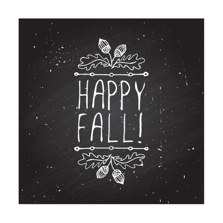 Hand-sketched typographic element with acorns and text on blackboard background. Happy Fallのイラスト素材