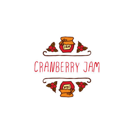 Hand-sketched typographic element with jam, berries and text on white background. Cranberry jamのイラスト素材